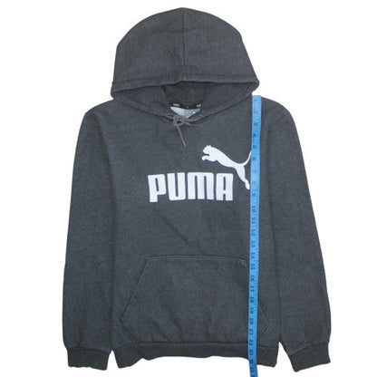 Back view of Puma Men's Grey Pullover Hoodie, size S, Fleece Graphic Sweatshirt