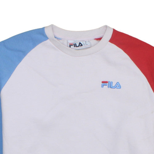 FILA Women White Colourblock Sweatshirt Medium Logo Crew Neck Casual