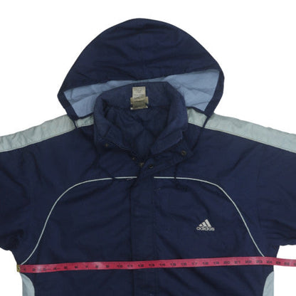 Close-up detail of Adidas Men's Blue Hooded Waterproof Parka Jacket, size M