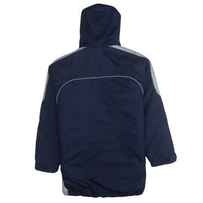 Brand and care label for Adidas Men's Blue Hooded Waterproof Parka Jacket, size M