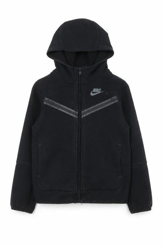 Front view of Nike boys’ black hooded track jacket 6-7 years full zip sportswear