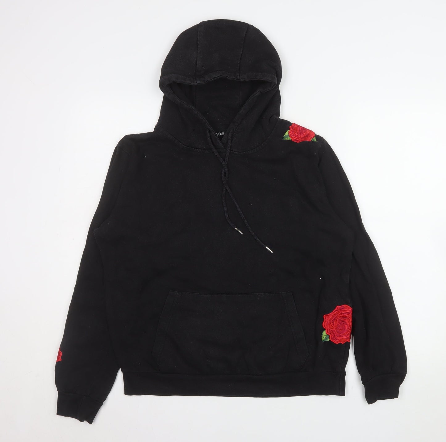Brave Soul Womens Black Medium Pullover Hoodie with Rose Embroidery
