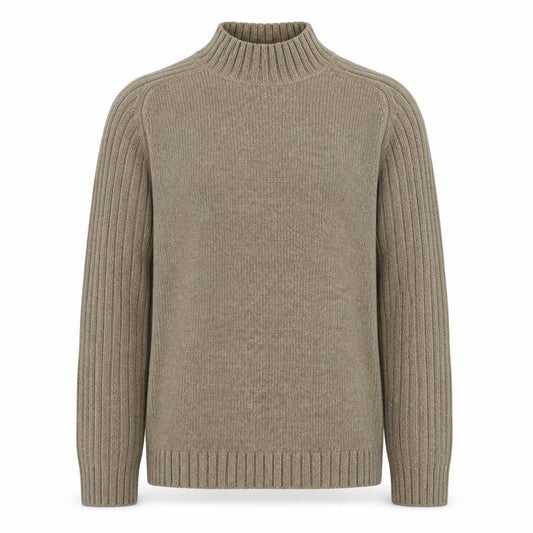 Front view of Easy men’s beige high neck ribbed knit jumper, size M