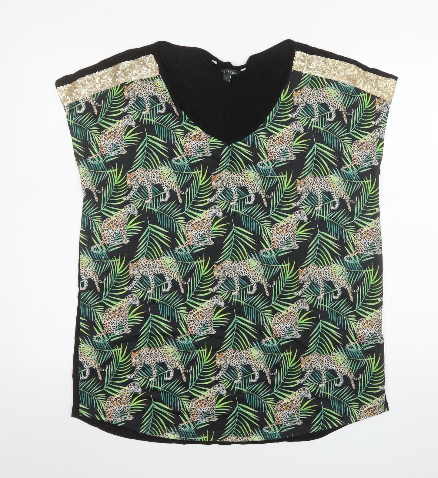 Love TEES Womens Black Leopard Print V-Neck Sleeveless Blouse Size 14