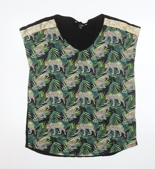 Love TEES Womens Black Leopard Print V-Neck Sleeveless Blouse Size 14