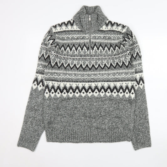 Marks and Spencer Men's Grey Fair Isle 1/2 Zip Wool Blend Pullover Sweatshirt Size S