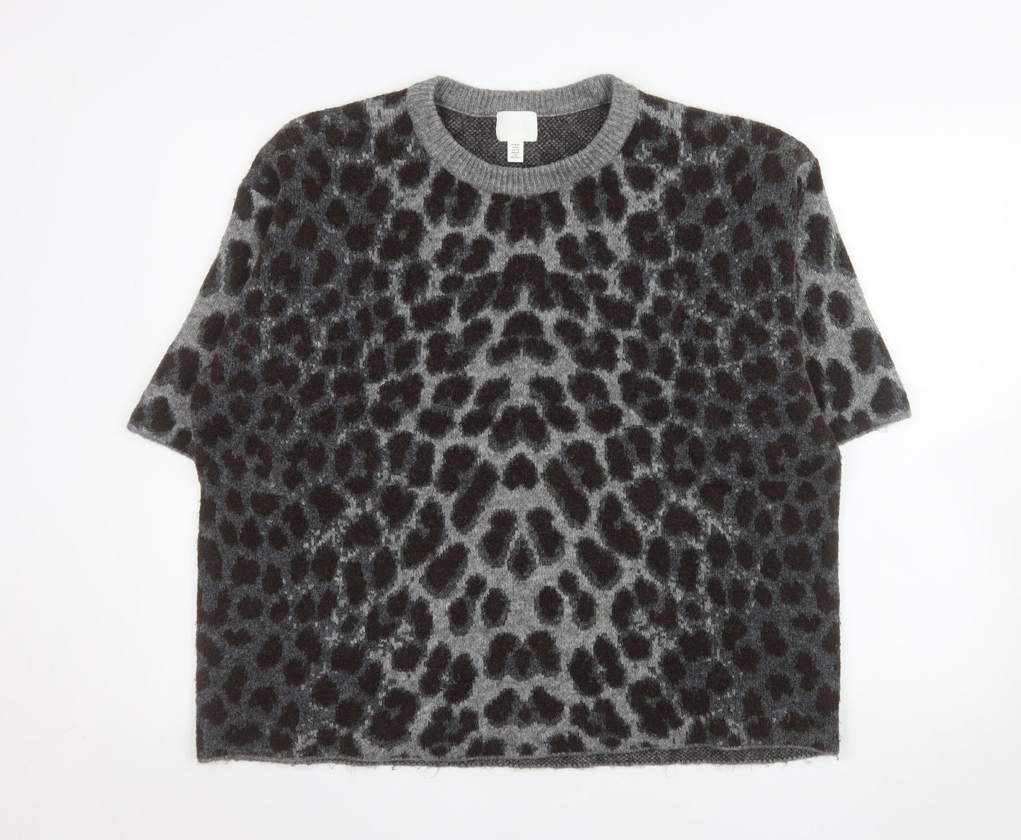 H&M Women’s Grey Leopard Print Short Sleeve Knit Jumper XL