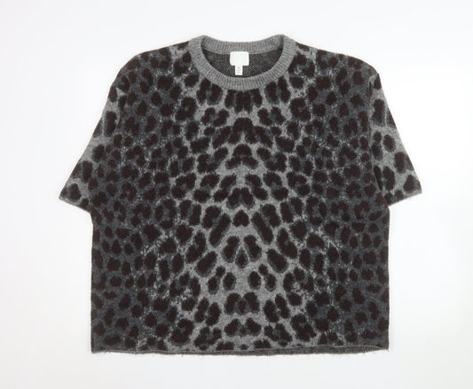 H&M Women’s Grey Leopard Print Short Sleeve Knit Jumper XL
