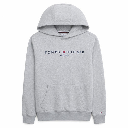 Front view of Tommy Hilfiger boys’ grey pullover hoodie, size 164, logo cotton sweatshirt