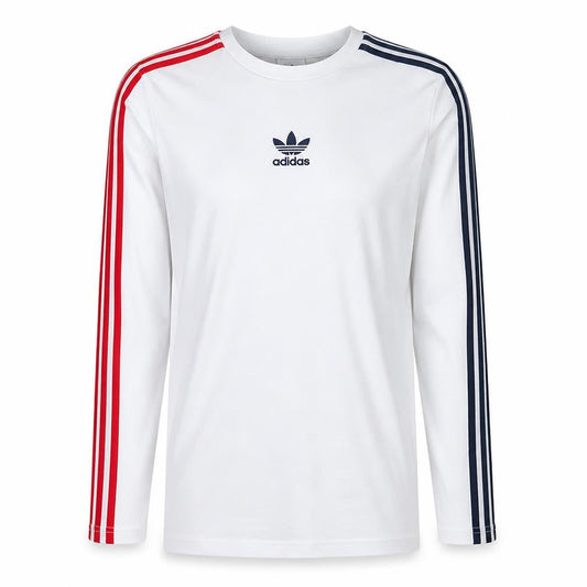 Front view of Adidas men’s white long sleeve crew neck pullover t-shirt xs