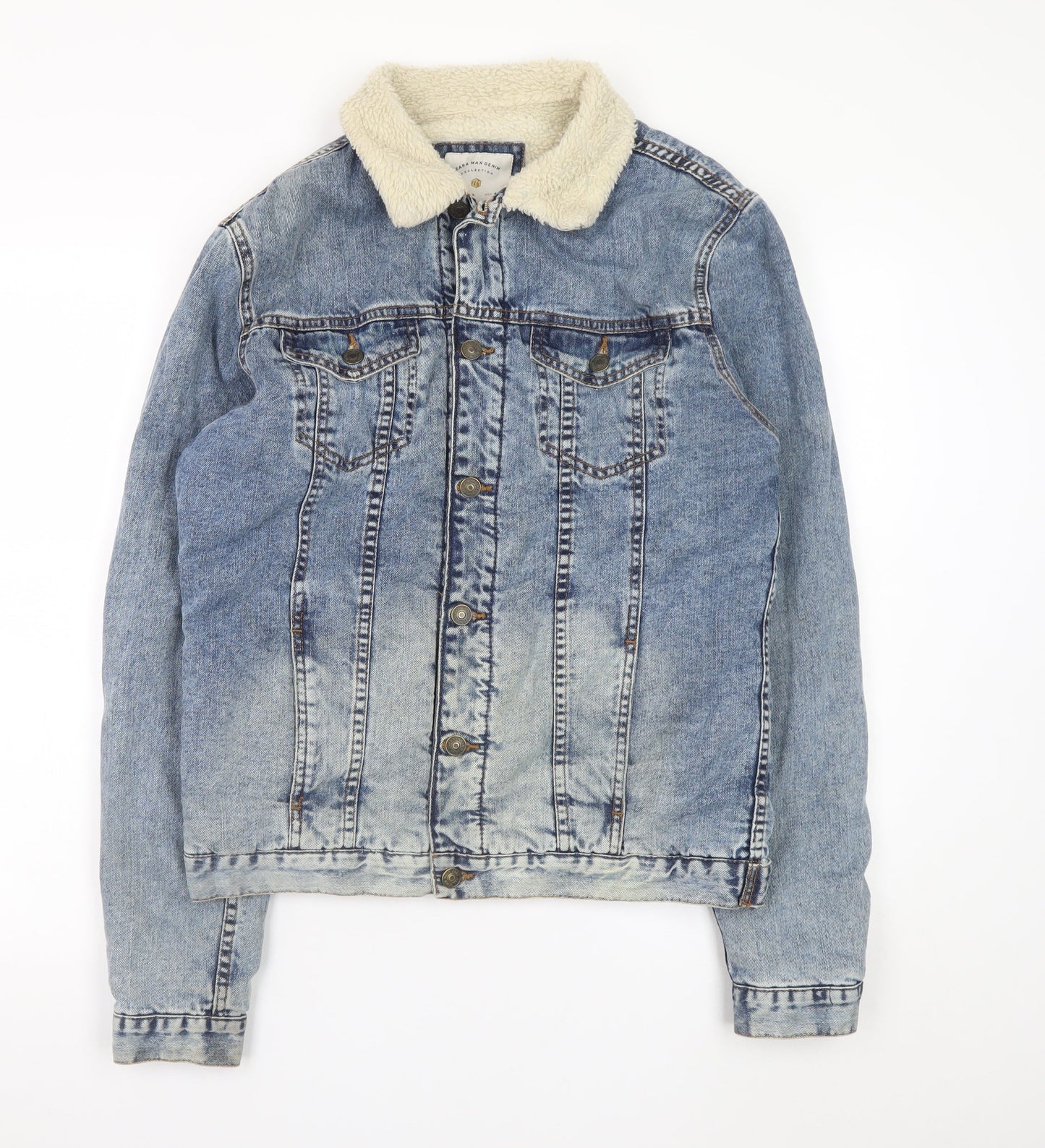 Zara Man Denim Blue Sherpa Lined Jacket Men L Casual Classic