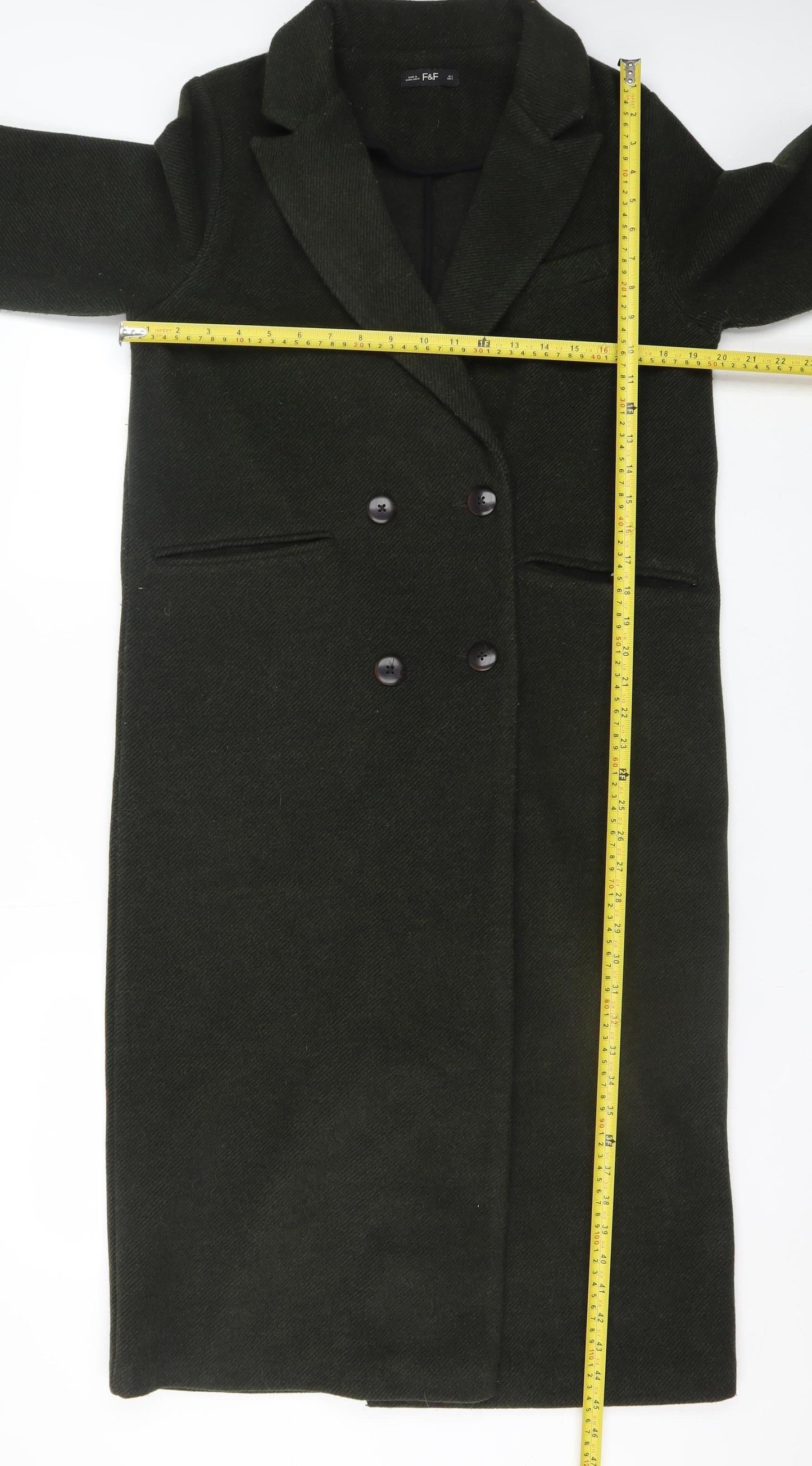 F&F Women’s Green Long Wool Blend Overcoat Size S