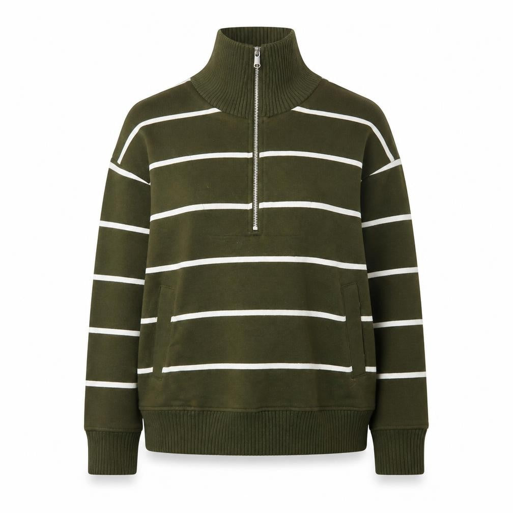 Marks & Spencer Women Green Striped 1/2 Zip High Neck Jumper Size S