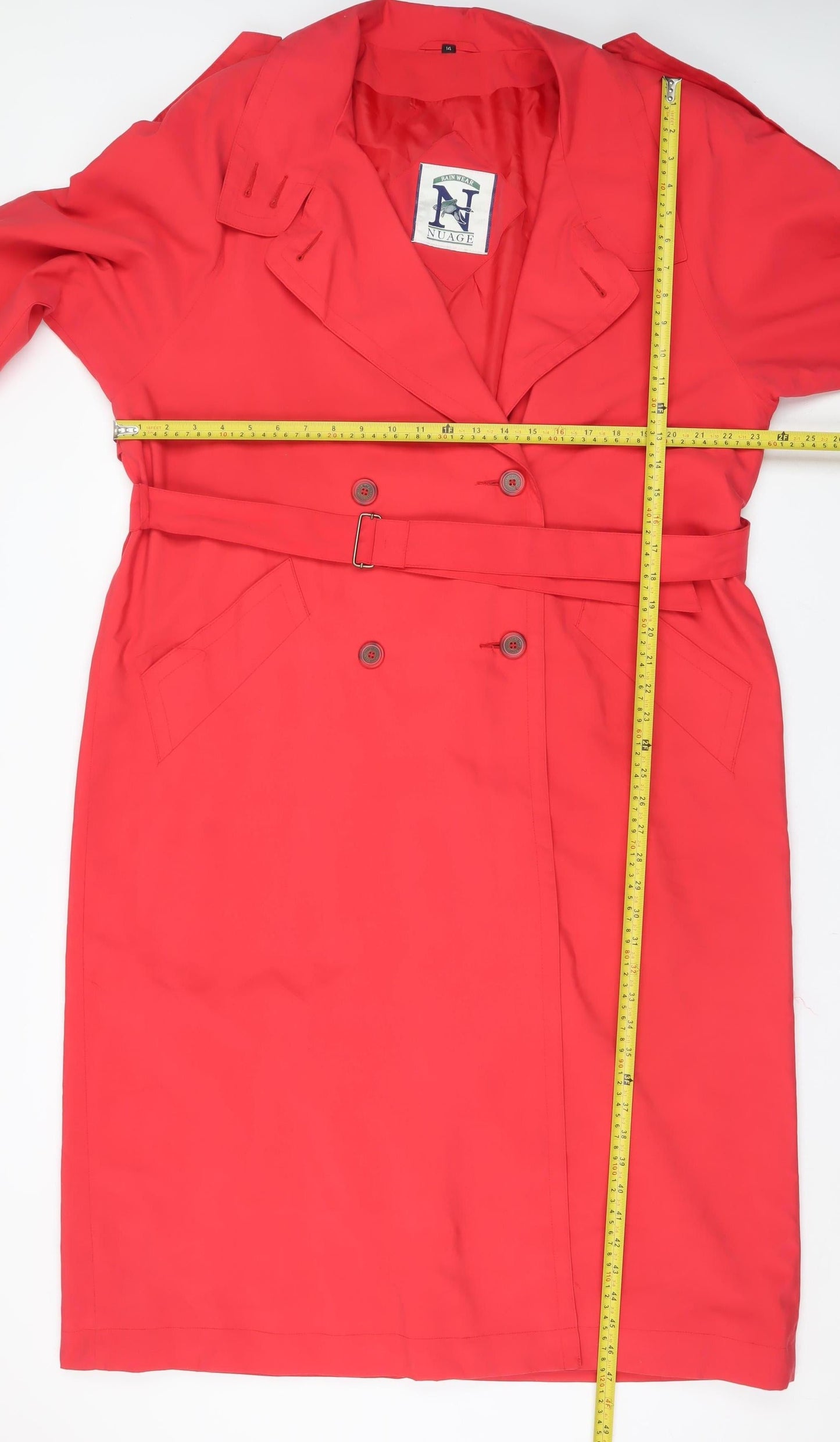 Nuage Women Red Long Trench Coat Belted Waterproof Size 14