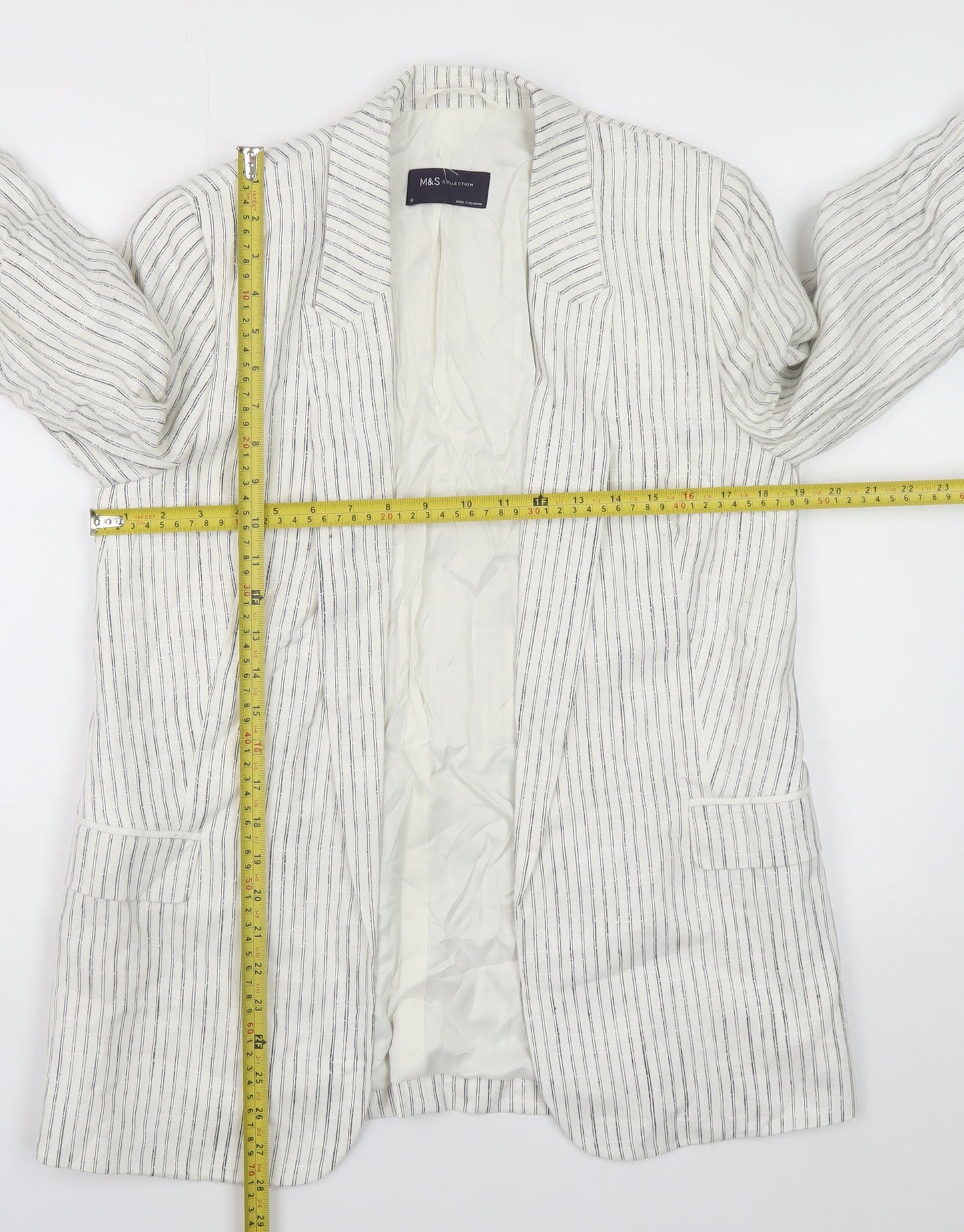 Marks and Spencer Women's White Striped Linen Blend Blazer UK 10