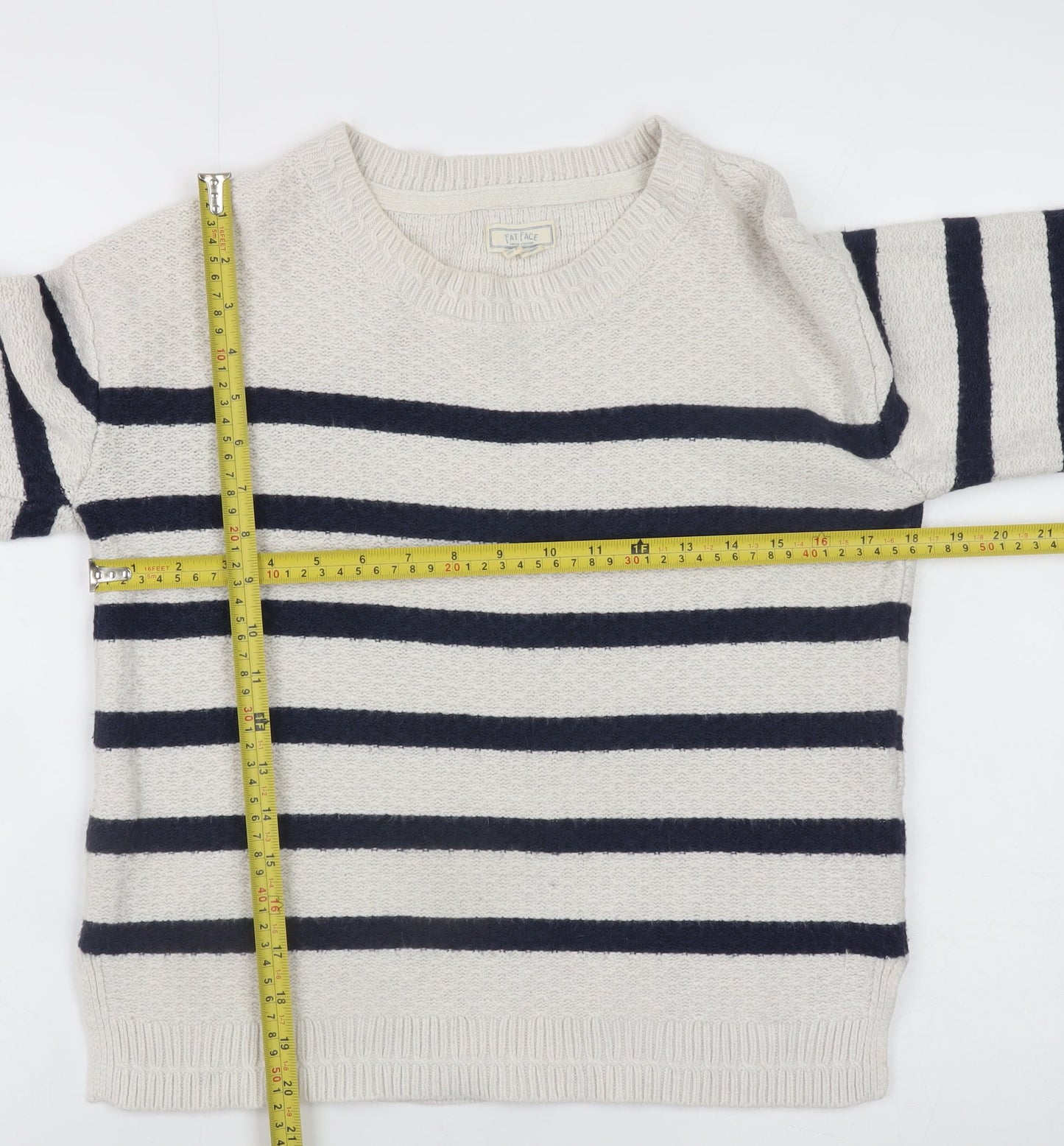 Fat Face Women Beige & Navy Striped Crew Neck Jumper UK 10