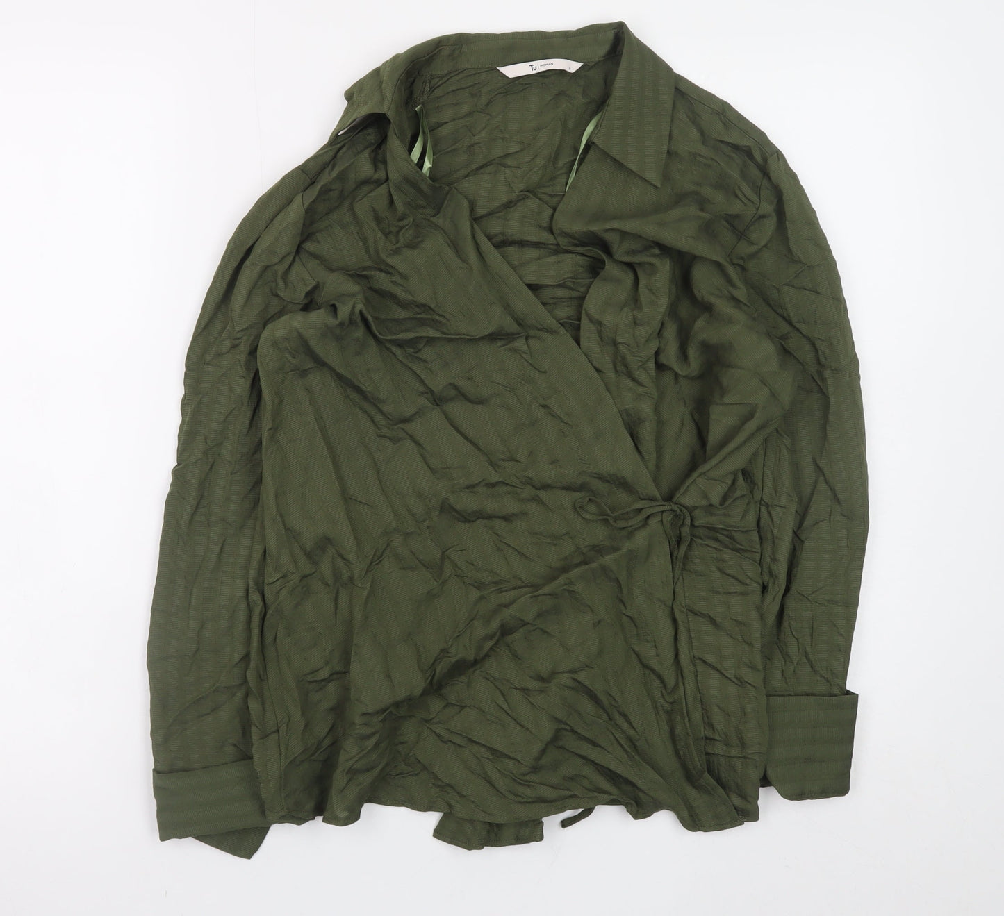 Tu Women Green Wrap Blouse Size 8 Viscose Long Sleeve Top