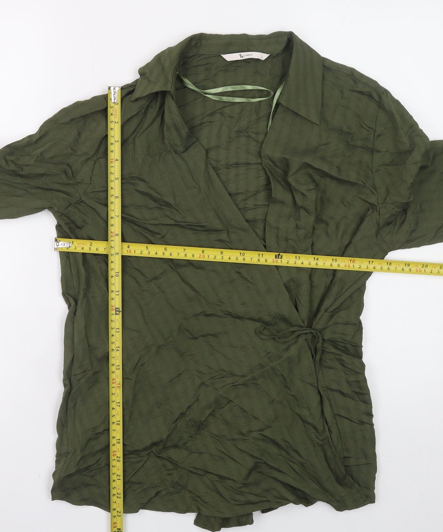Tu Women Green Wrap Blouse Size 8 Viscose Long Sleeve Top