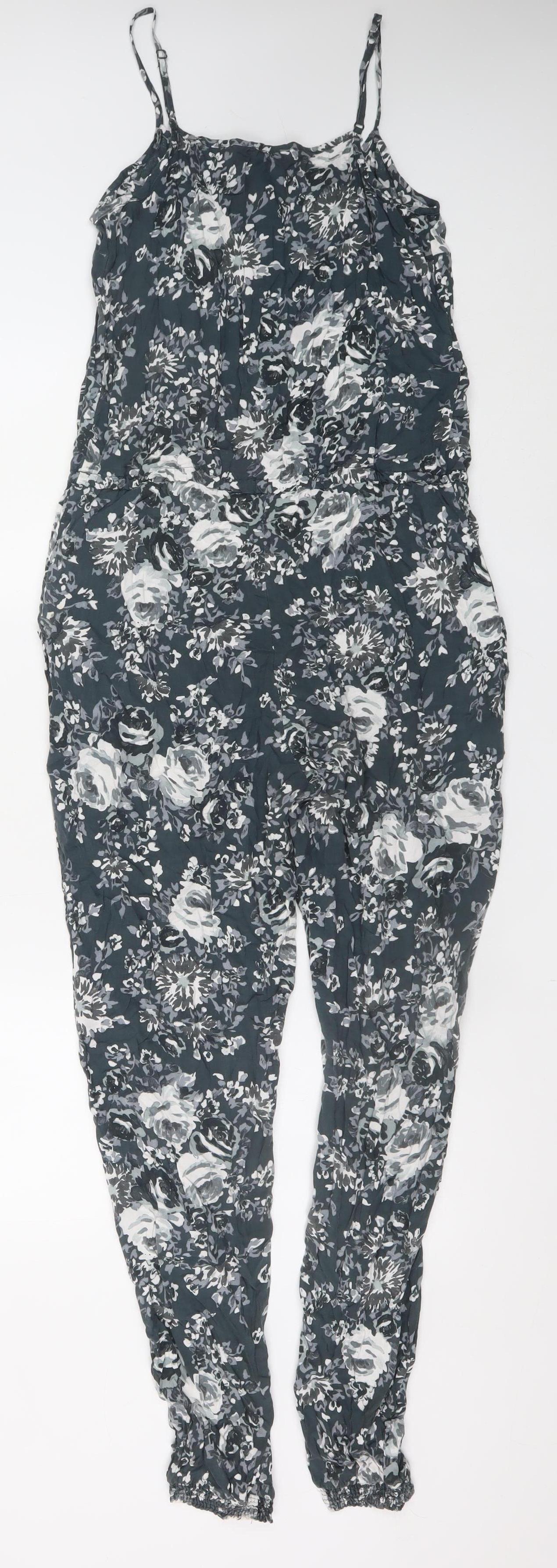 F&F Women Black Floral Sleeveless Jumpsuit Size 10 Viscose Casual Style
