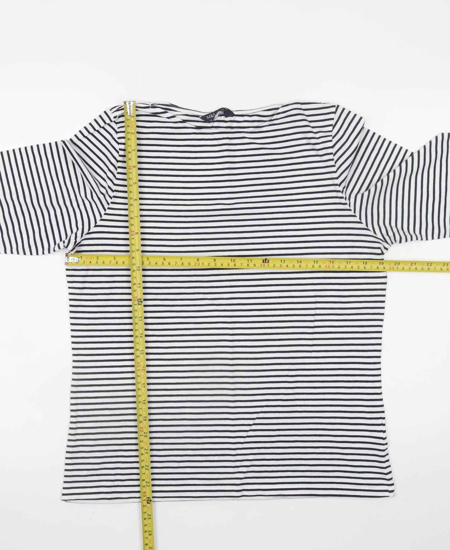 Marks and Spencer Women’s Navy Striped 3/4 Sleeve Cotton T-Shirt Size 16