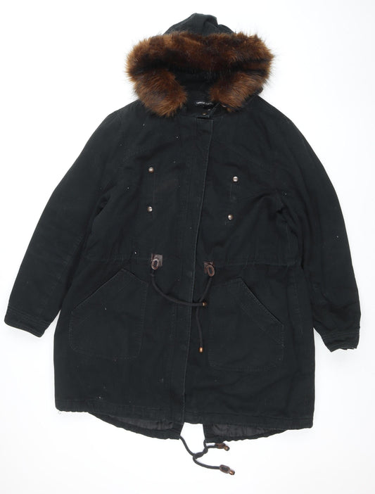 Capsule Women’s Black Faux Fur Hooded Cotton Parka Coat Size 20