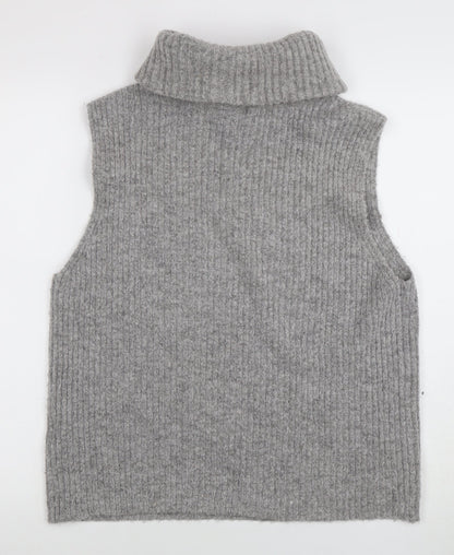 Close-up detail of Object Women Grey Roll Neck Sleeveless Rib Knit Vest L