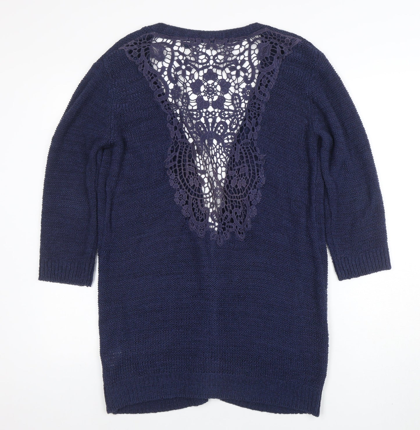 EWM Womens Blue Open Knit Lace Back Cardigan Size M 14-16