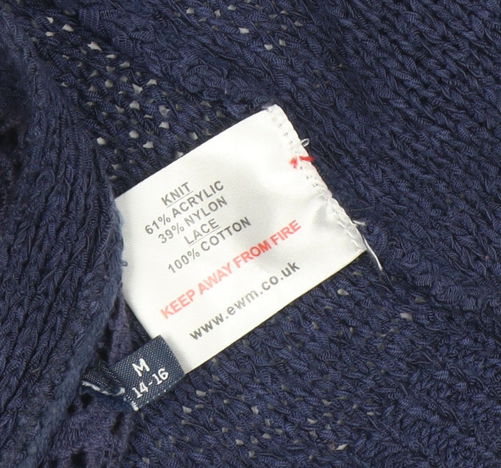 EWM Womens Blue Open Knit Lace Back Cardigan Size M 14-16
