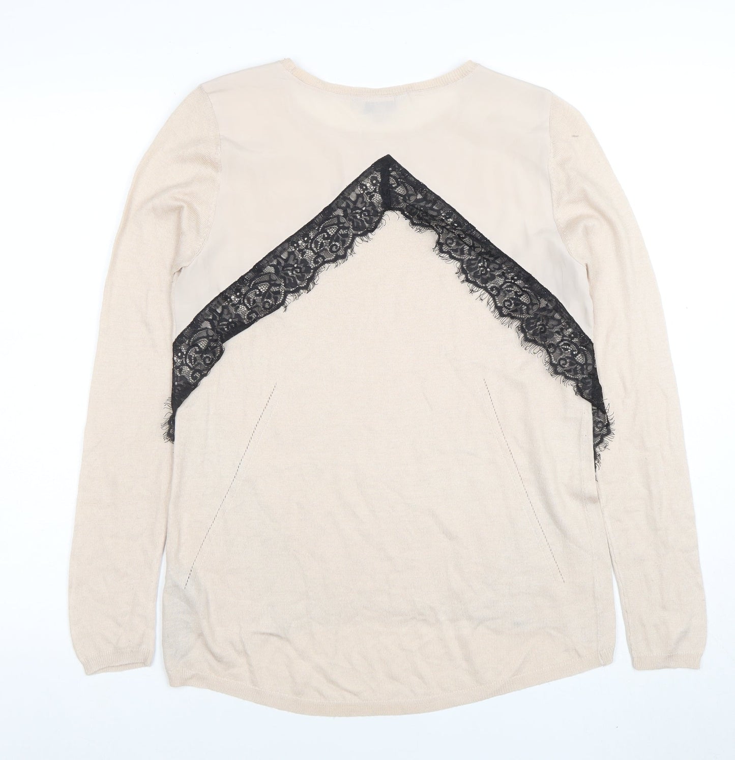 Marks and Spencer Limited Edition Beige Lace Trim Long Sleeve Knit Blouse Size 10