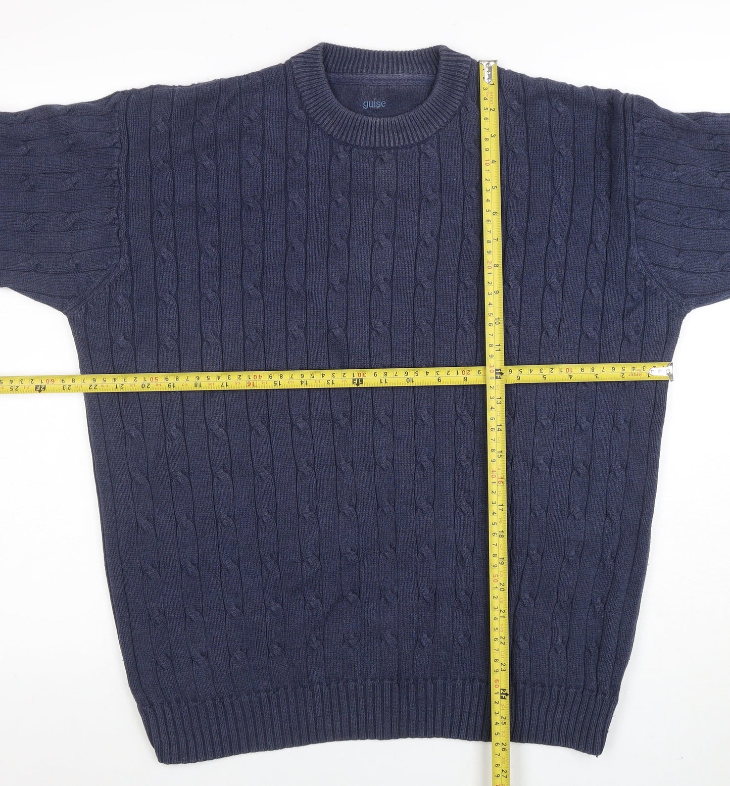 Guise Men's Blue Cable Knit Cotton Crew Neck Jumper Size M