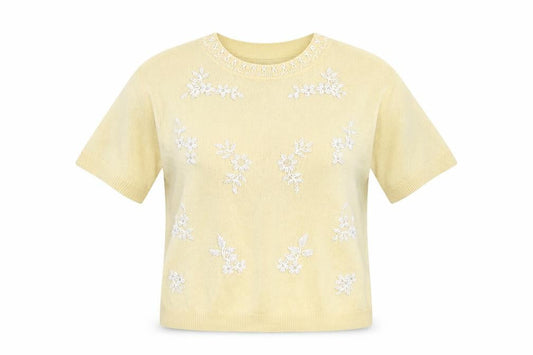 Front view of French Connection Women's Beige Embroidered Short Sleeve jumper M