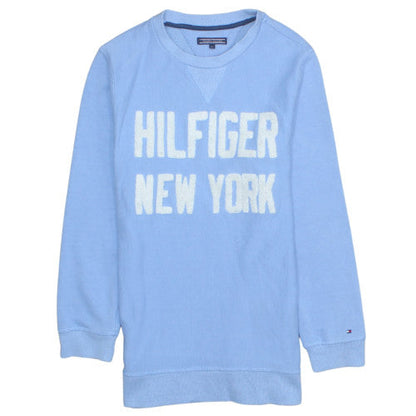 Additional front view of Tommy Hilfiger boys’ blue pullover sweatshirt, size 164, crew neck logo style
