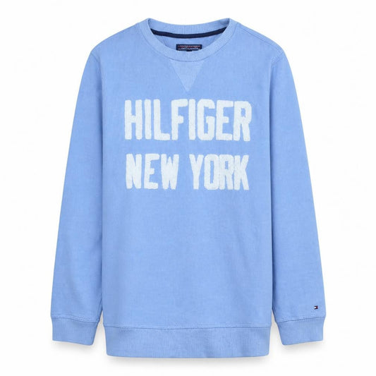 Front view of Tommy Hilfiger boys’ blue pullover sweatshirt, size 164, crew neck logo style