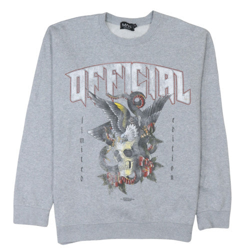 boohooMAN Men's Grey Graphic Skull Eagle Crew Neck Sweatshirt Size S