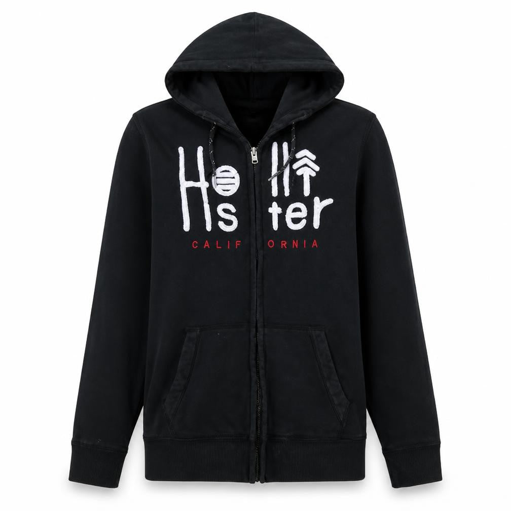 Hollister Men's Black Full Zip Hoodie S Logo Fleece Sweatshirt