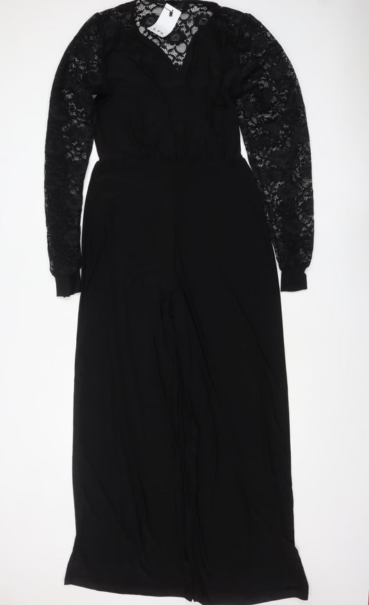 Long Tall Sally Women's Black Lace Sleeve Wide-Leg Jumpsuit UK 10-12 Tall