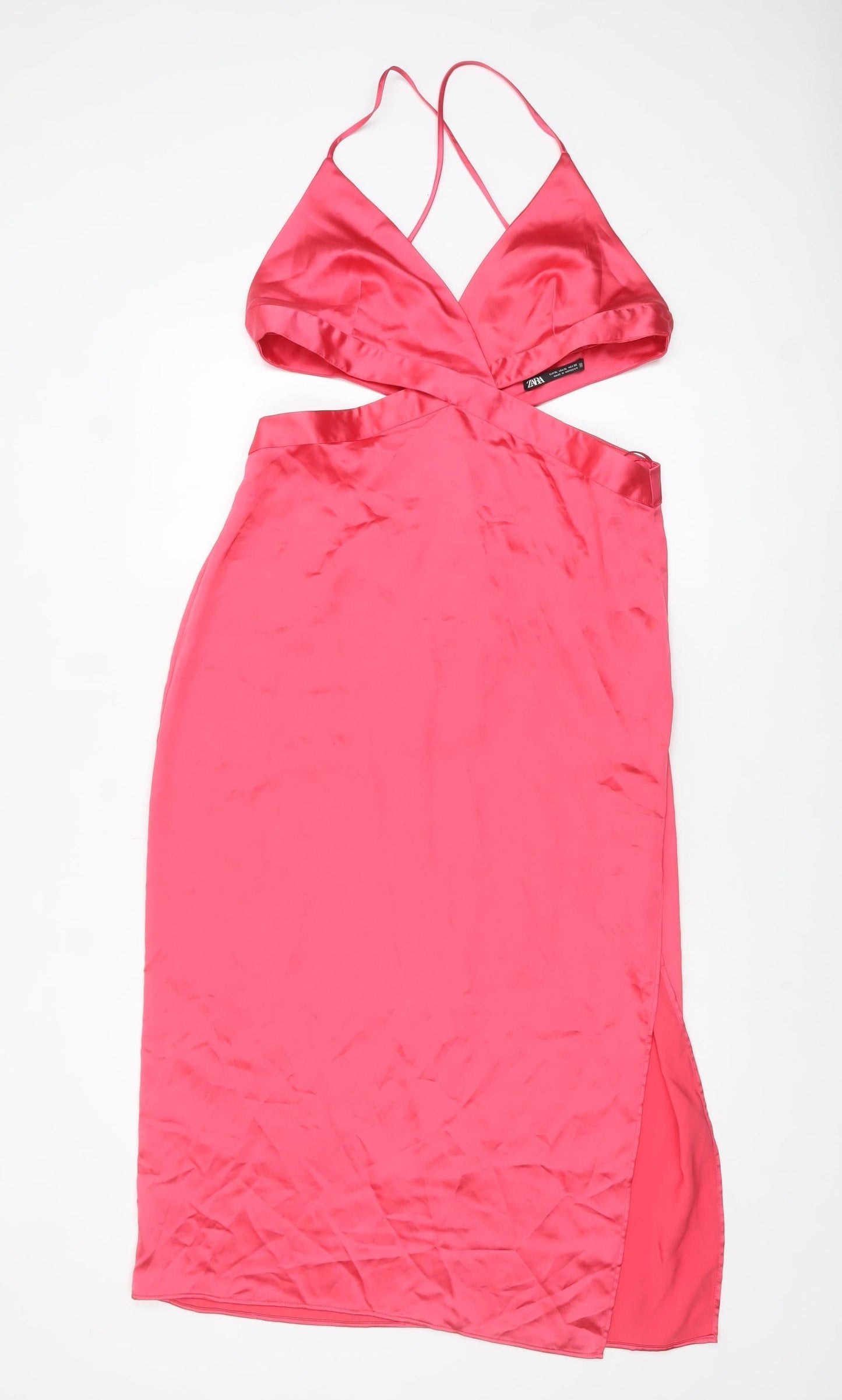 Zara Women Pink Satin Cut Out Slip Midi Dress XL