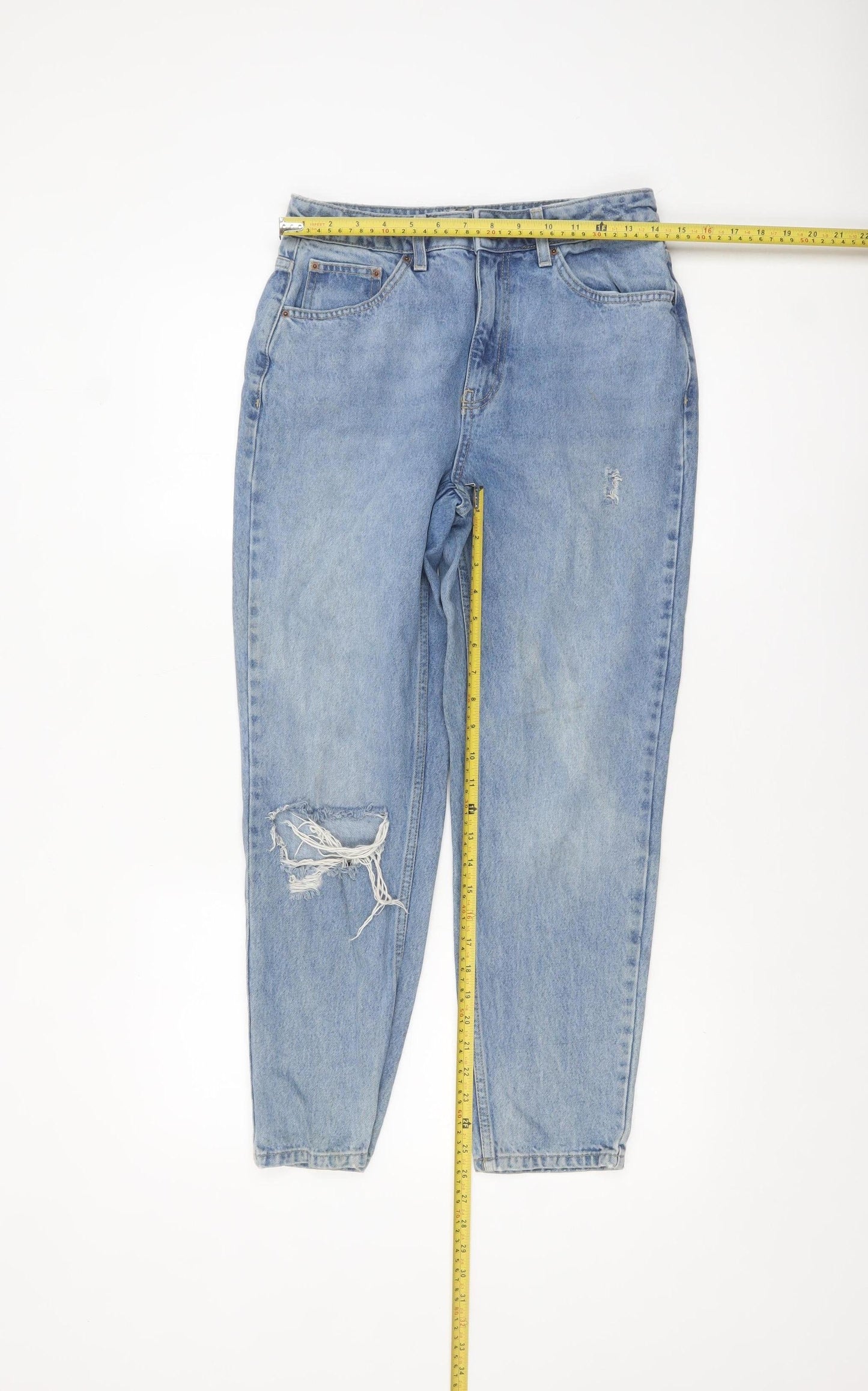 Topshop Women’s Blue Mom Jeans Size 10 High Rise Distressed Denim