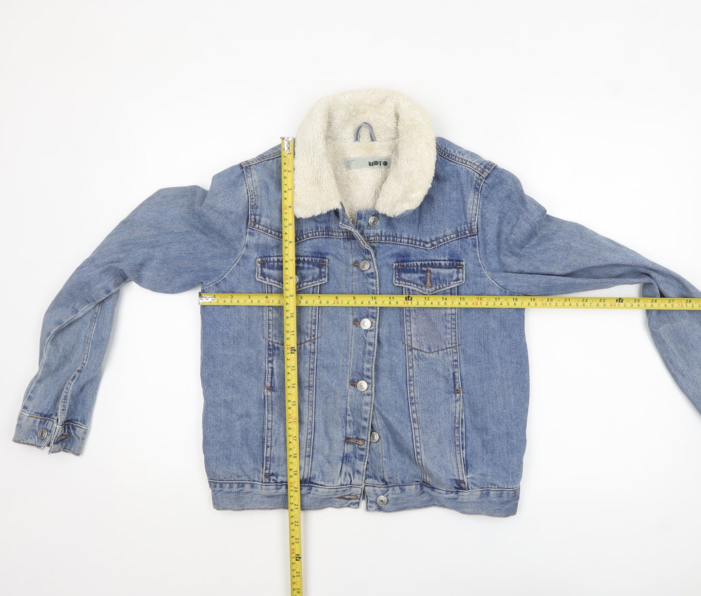 Topshop Moto Women's Blue Denim Faux Fur Collar Jacket Size 10