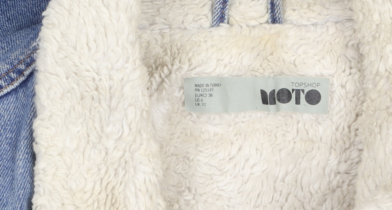 Topshop Moto Women's Blue Denim Faux Fur Collar Jacket Size 10