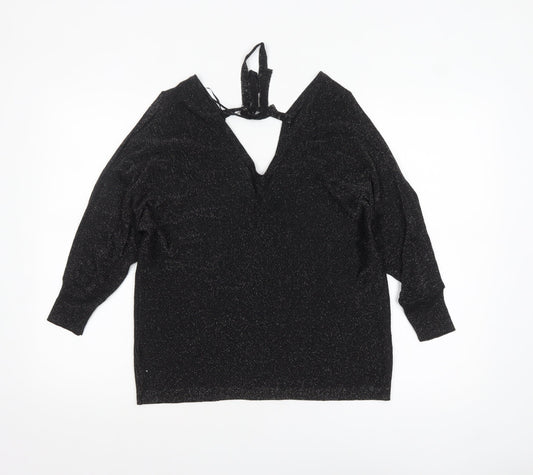 Next Women's Black Glitter V-Neck Long Sleeve Party Jumper Size 14