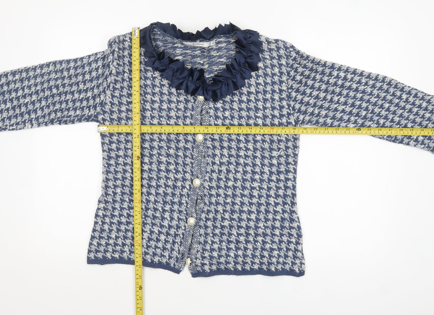 Nicole Italy Womens Blue Cardigan UK 16 Houndstooth Ruffle Collar