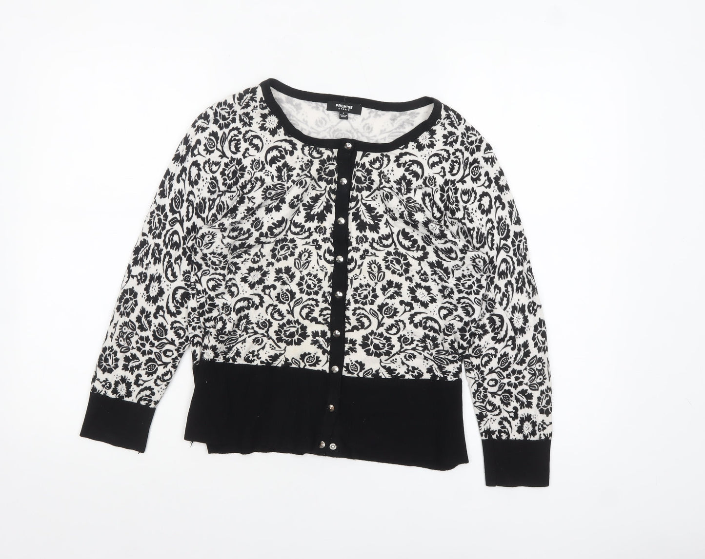 Premise Studio Women Black & White Floral Cardigan L Rayon Blend
