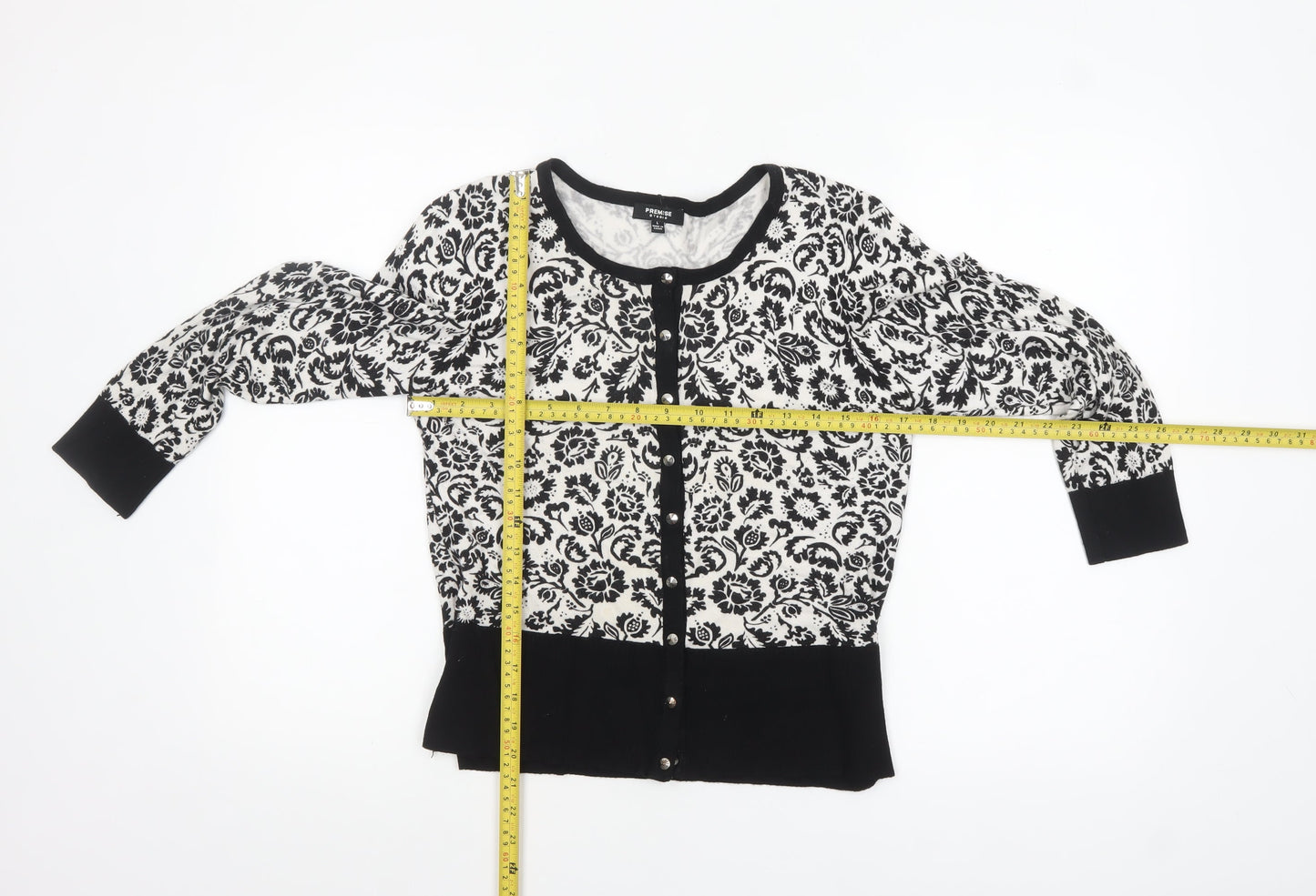 Premise Studio Women Black & White Floral Cardigan L Rayon Blend