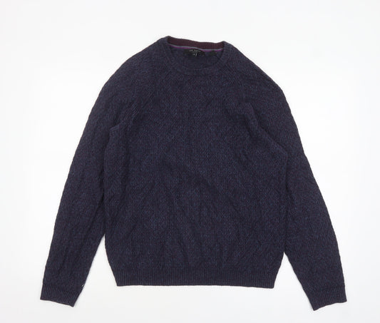 Ted Baker Men's Blue Crew Neck Wool Blend Cable-Knit Jumper M