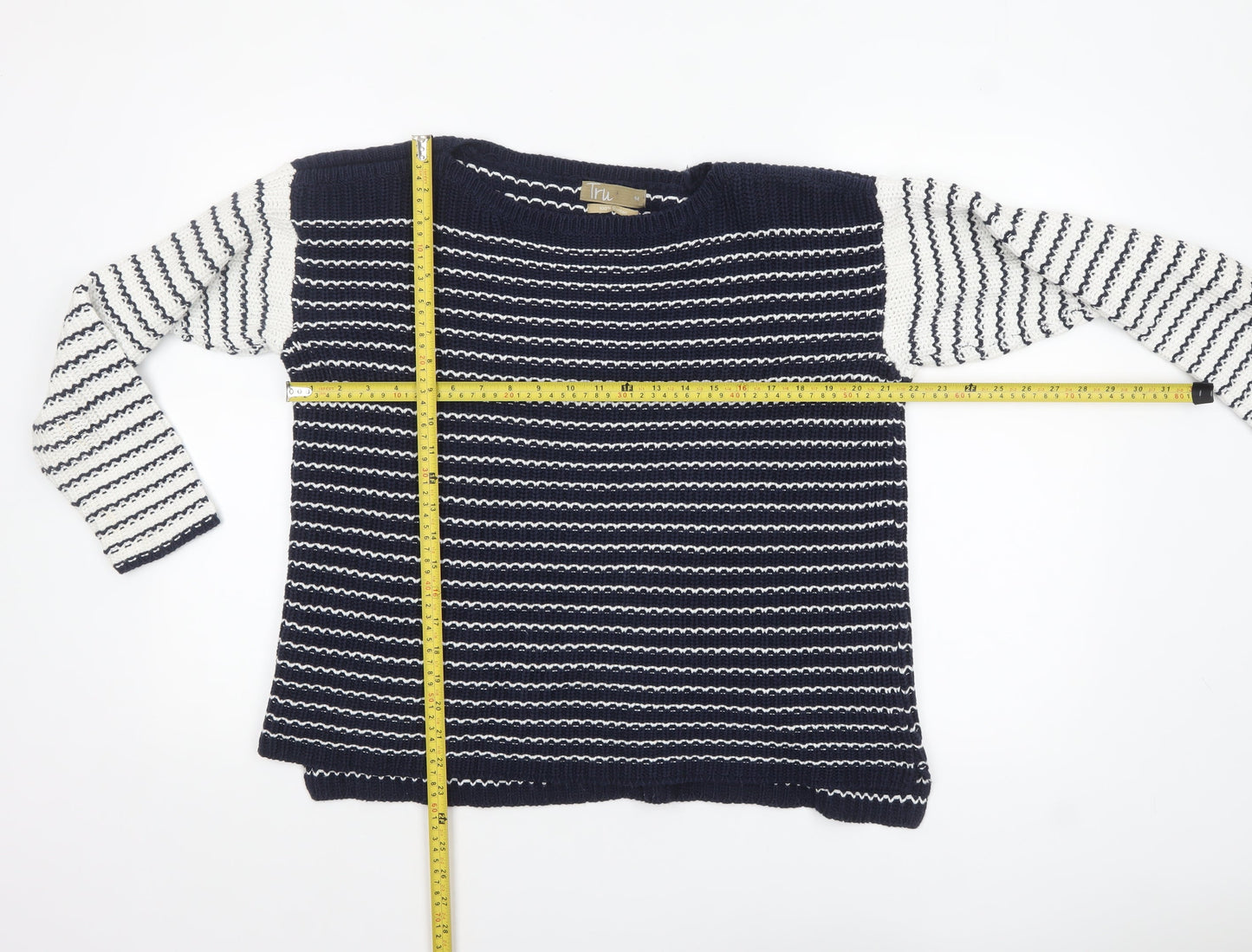 Tru Womens Blue Striped Cotton Knit Jumper Size M