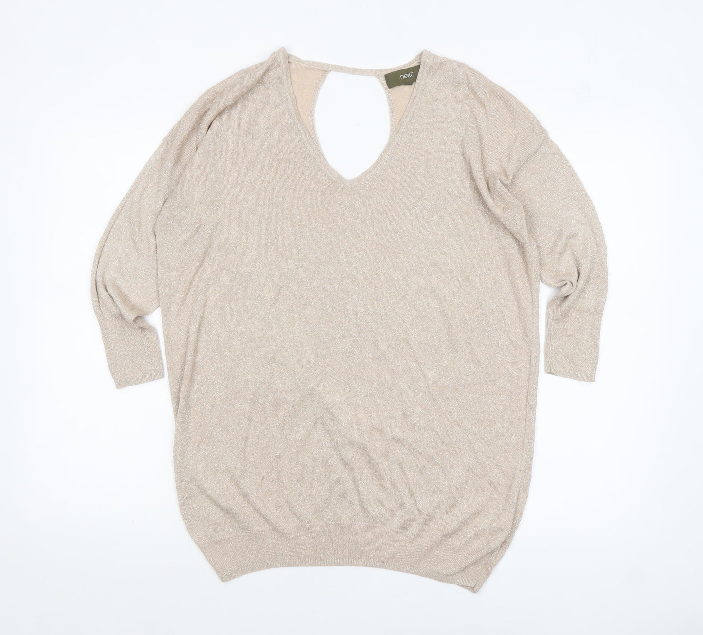 Next Women Beige Metallic V-Neck Long Sleeve Jumper Size 12