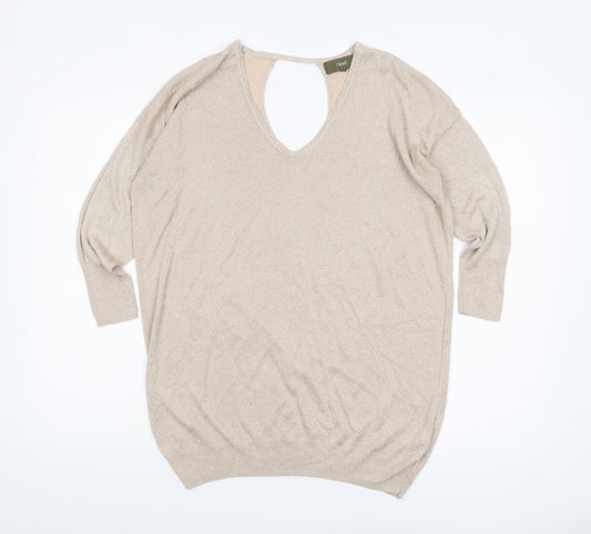 Next Women Beige Metallic V-Neck Long Sleeve Jumper Size 12