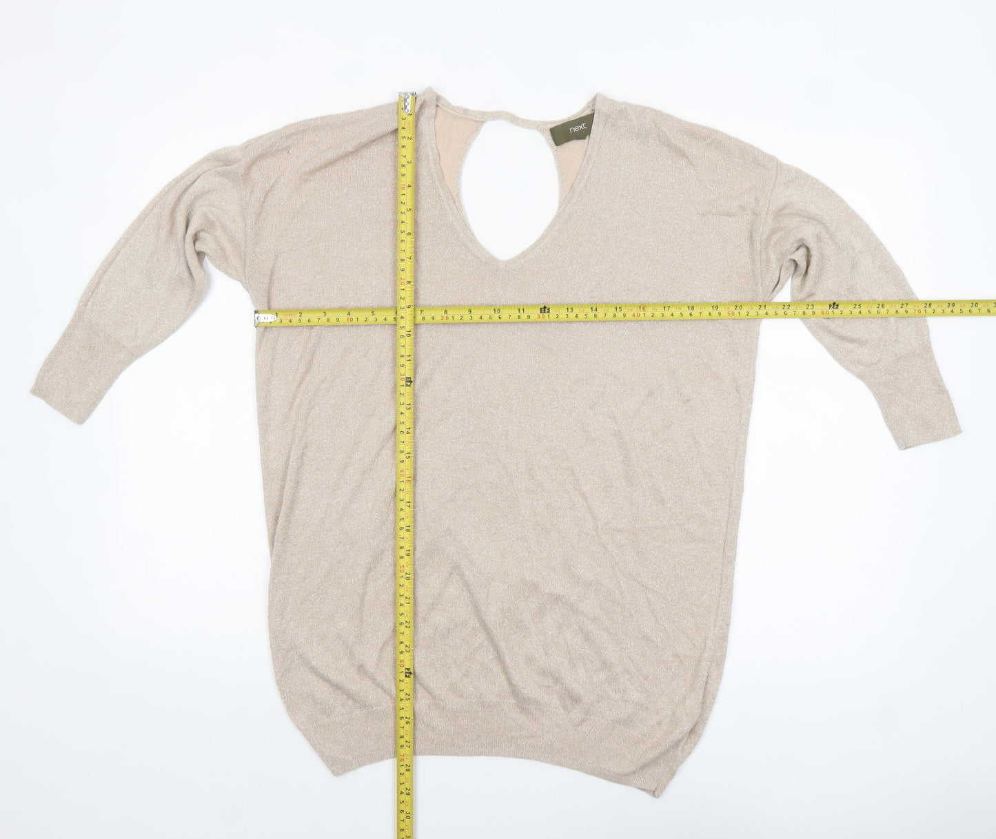 Next Women Beige Metallic V-Neck Long Sleeve Jumper Size 12