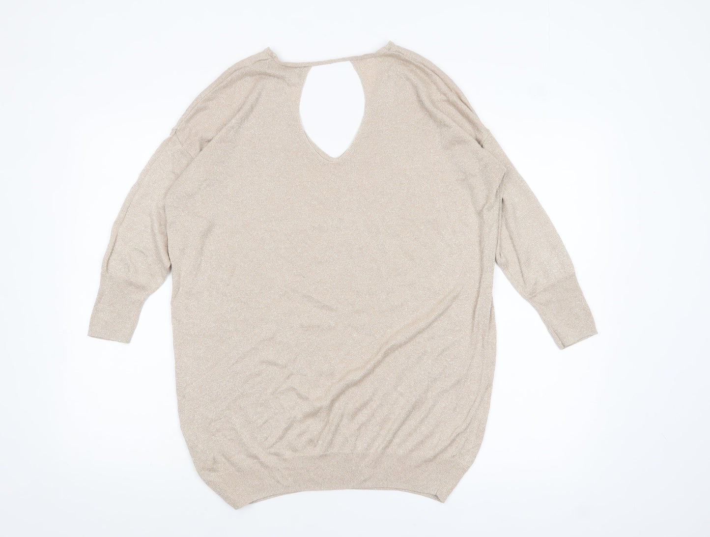 Next Women Beige Metallic V-Neck Long Sleeve Jumper Size 12